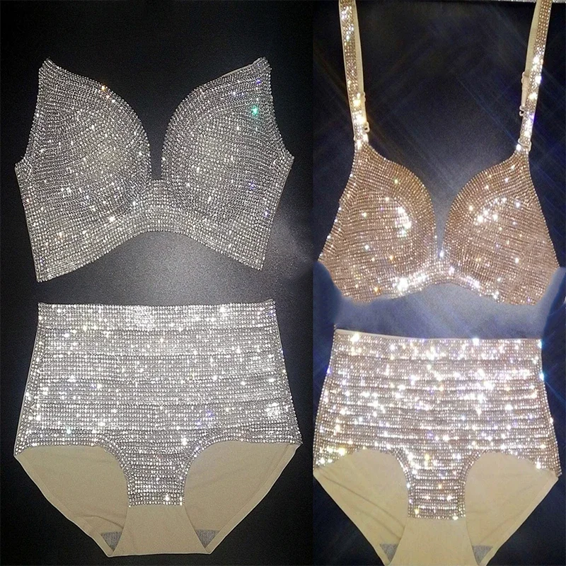 

Jazz Pole Dance Costume Golden Silver Full Diamond Bikini Sexy Outfits For Woman Rave Clothes Singer Stage Wear Adult DNV11389