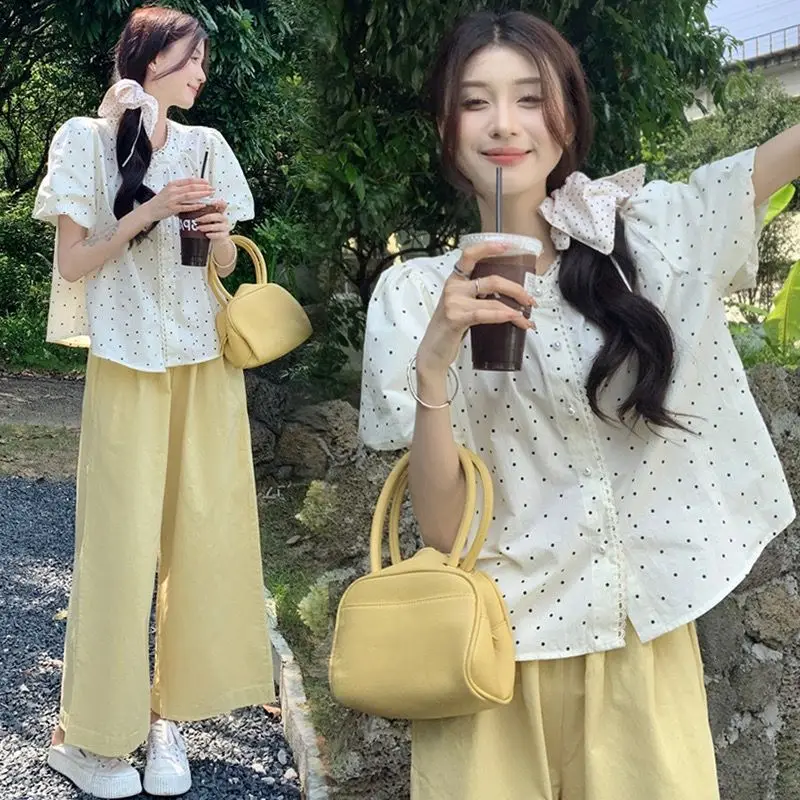 달콤한 신선한 레이스 트림 폴카 도트 탑 와이드 레그 팬츠 코튼 긴팔 한국 스타일 캐주얼 패션 여름 신상품