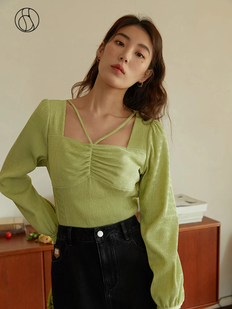 DUSHU Office Lady Simple Square Neck Small Blouse For Women'S Spring 2023 New Pleated Design Feeling Short Tops For Women dushu slightly fat lady shirt collar short sleeve pleated waisted shirt dress mid length asymmetrical dress office lady solid