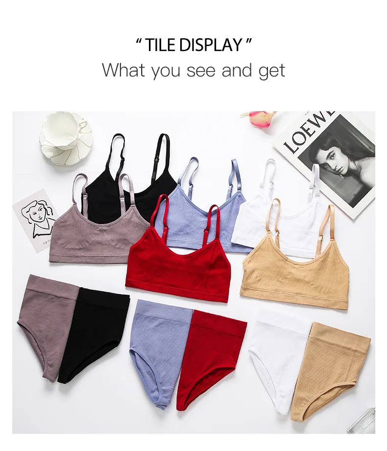 French Sexy Bra Set Women Wireless Underwear and High Waist Panties Cotton  Cozy Classic Stretchy Tank Top Female Ribbed Lingerie