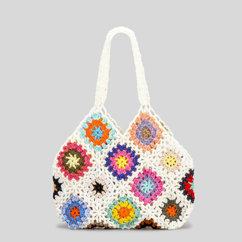 Bolsos de bohemios de ganchillo para bolsos a cuadros con flores, hechos mano, de punto, para playa, Verano| | -
