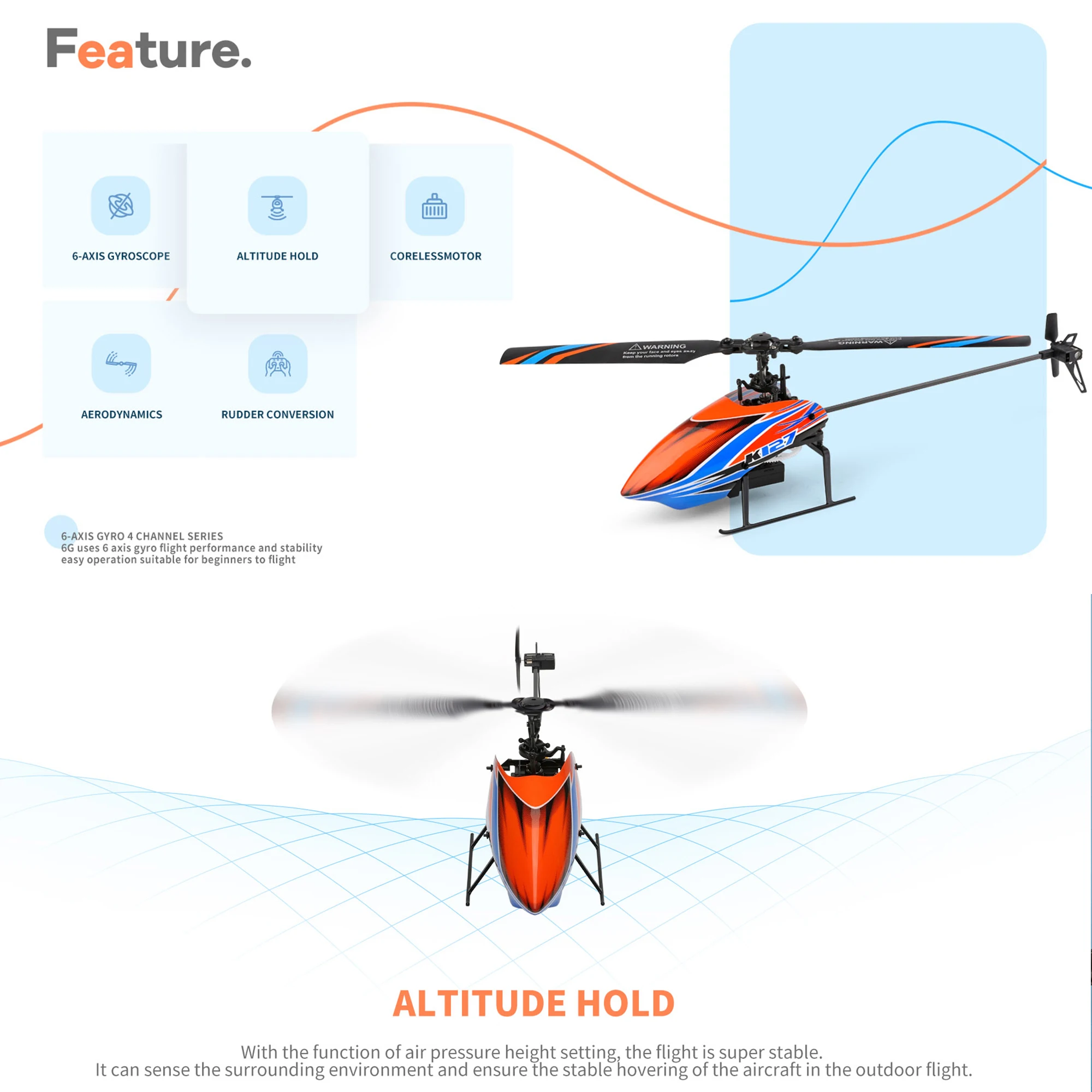Hélicoptère RC WLtoys K127 en vol extérieur sous un ciel bleu, avec des arbres en arrière-plan