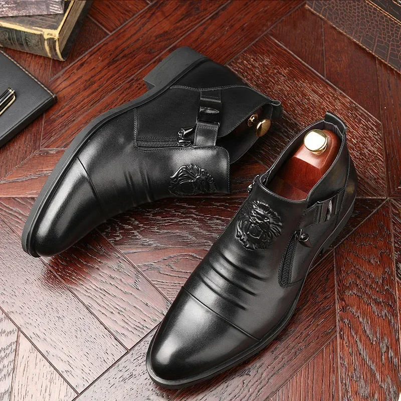 High Top Men Shoes Autumn Men's Casual Leather Shoes Double Sided Zippered Boots Man Ankle Boots Pointed Toe Low (1cm-3cm)