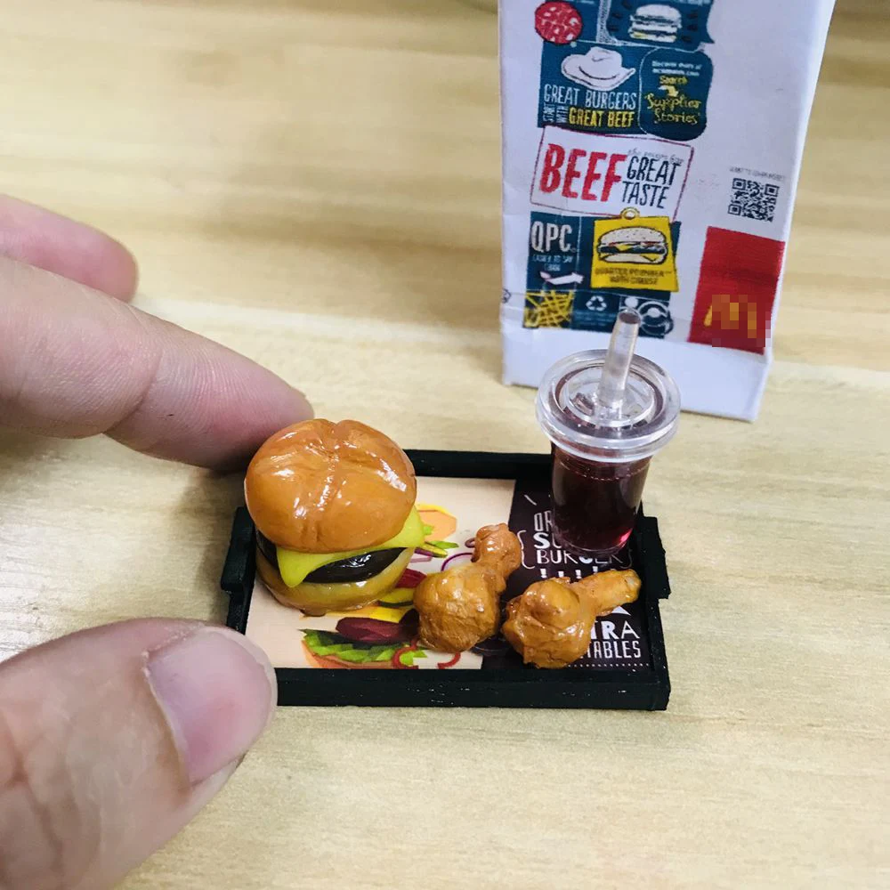 1 Set 1/6 Scale Dollhouse Miniature Hamburger Mini Fried Chips Coke Pretend Kitchen Food Toys for Doll House