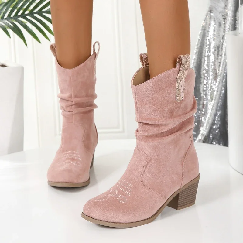 Female Shoes on Sale 2023 High Quality Autumn Pu Leather Solid  Slip-on Women's Boots Square Heel  Round Toe  Heeled Boots
