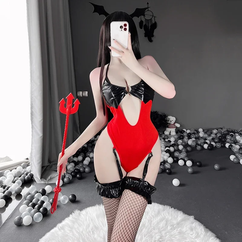 

Sexy Cosplay Costume Little Demon Devil Bodysuit with Garter Fishnet Stockings Crotch Openable Pajamas Night Club Wear Womens