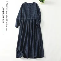 Retro Japanese Style Long Sleeve Plaid Dress Loose Midi Skirt for Women Spring Autumn Anti Aging Casual Dresses