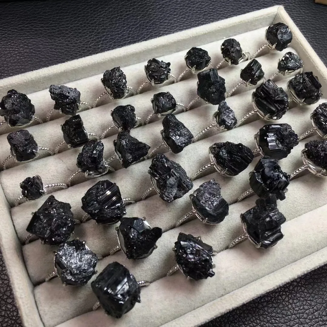 Fengbaowu-Bague en Tourmaline Noire Brute Naturelle pour Homme et