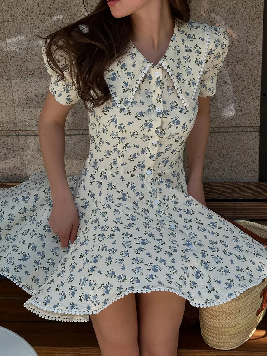 Bornladies 2026 Summer New Floral Short Sleeve Dress Women's Elegant Slim Fit Sweet Button Front Puff Sleeves Mini Dress