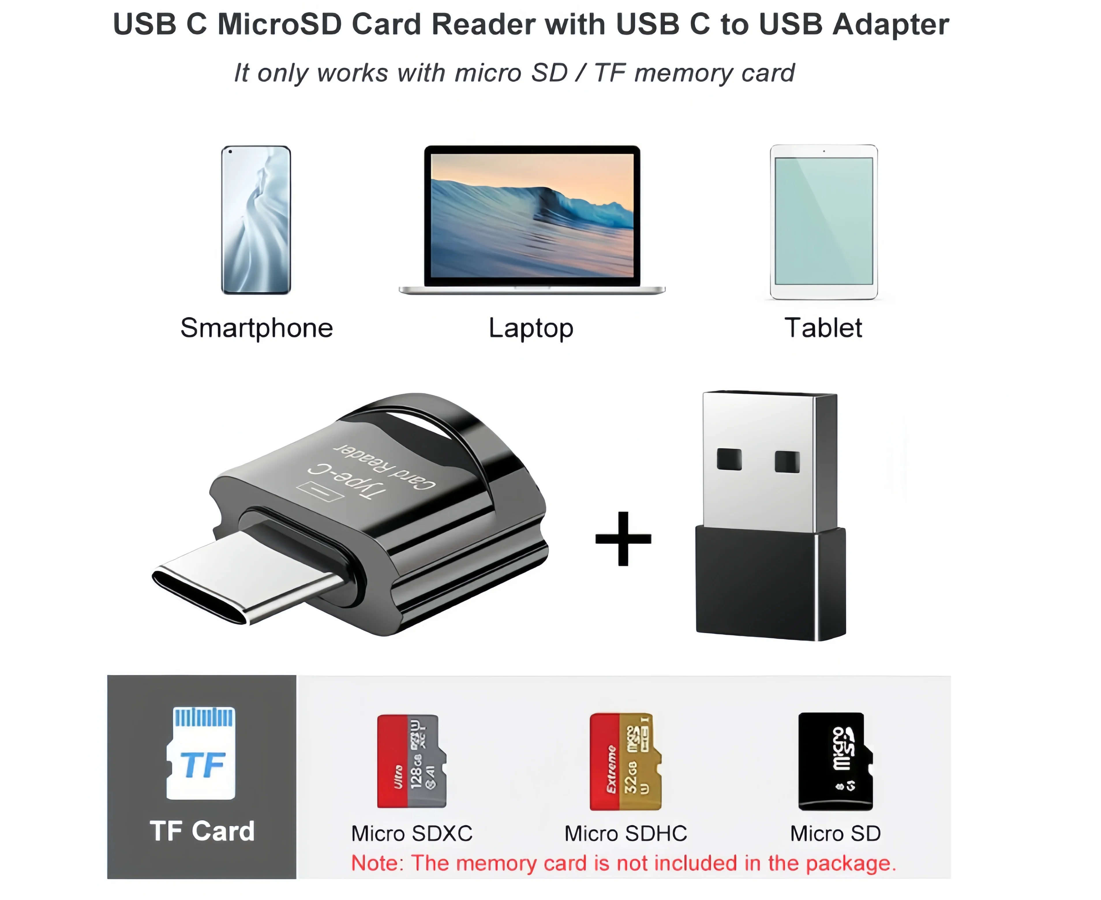 타입 C 마이크로 SD 카드 리더, 보울터클램프 USB C TF 카드 리더 어댑터 (키체인 포함)