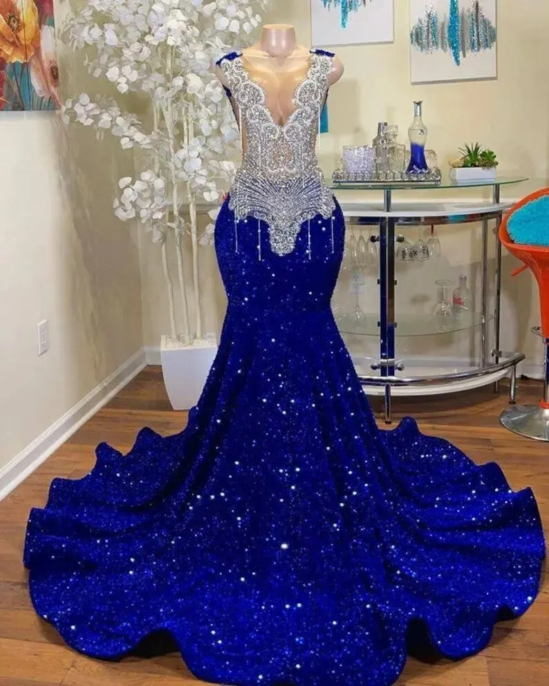 

Royal Blue African American Prom Dresses Mermaid Sheer Sequins Beaded Black Girls Nigeria Robe De Soiree Evening Dress Gown