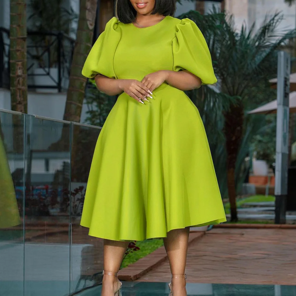 

SUJYing New Fashion 2023 New Spring Round Neck Temperament Bubble Sleeve Waist Large Swing Light Style A-line Dress