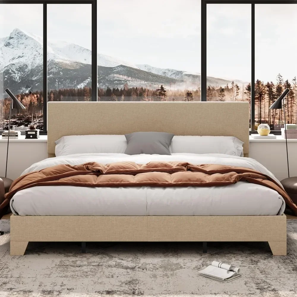 King Size Bed Frame With Adjustable Headboard, Upholstered Platform Bed With Wood Slats, Heavy Duty Mattress, Beige Bed Frame