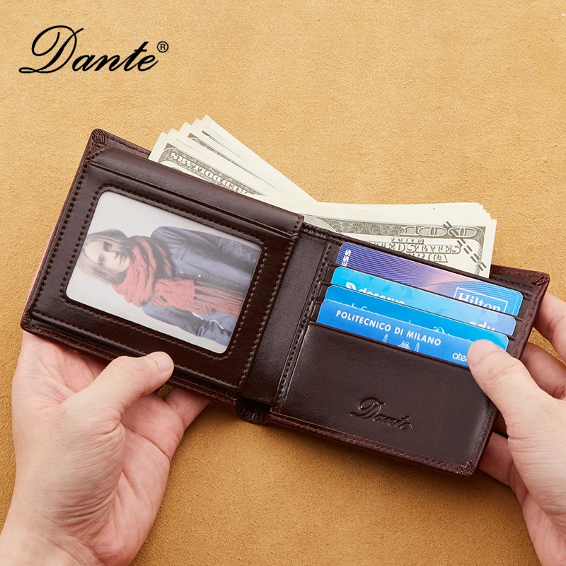 Dante RFID Anti-theft Brush Short Clips Men's Leather Wallets Oil Wax 100% Head Layer Cowhide Casual Vertical Purse Money Bag