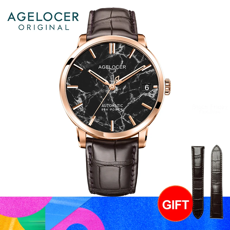 AGELOCER Original Baikal Watch Natural Marble Dial Men's Big Calendar Automatic Mechanical Watch Birthday Gift for Men