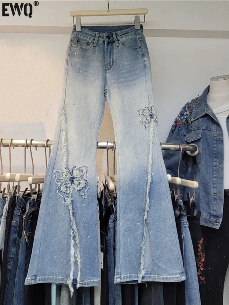 

[EWQ] Temperament Butterfly Embroidered Diamond Jeans High Waist Split Elastic Full Length Denim Pants 2024 Spring Summer U9620