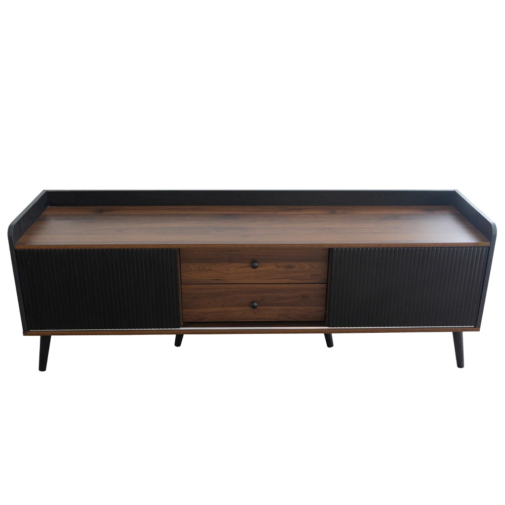 PINGGO 160 x 40 x 58 cm TV-Schrank mit 2 Schubladen und 2 Schiebetüren, schwarzer TV-Ständer in natürlicher Holzfarbe für das Wohnzimmer – Detail 12