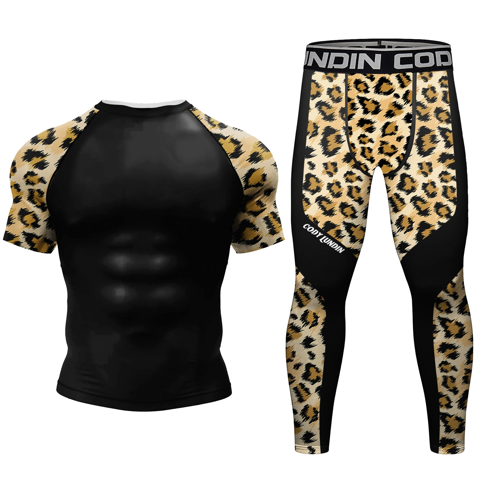 New Kickboxing Rashguard Jiu Jitsu MMA T-shirt +Pant Set Men Bjj Gi Rash Guard Gym Muay Thai Shorts Leopard Printed Active Wear 3