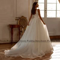 New Arrival Bride Gown Customized Square Neck Sleeveless Sequin Applique Sweep Train Soft Tulle A Line Corset Wedding Dress 2