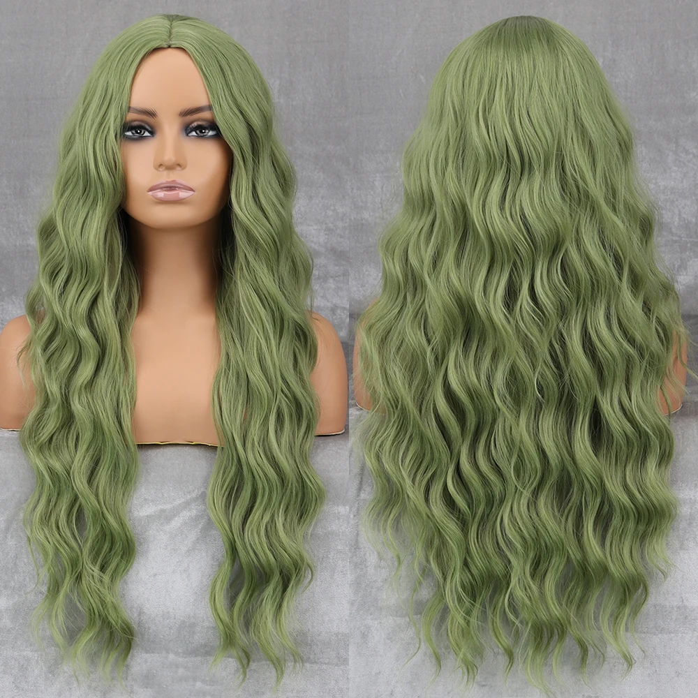 aliexpress.com - Long Wavy Green Synthetic Wig Women’s Heat-Resistant Natural Half Part Cosplay Party Lolita Red Black Pink Wig