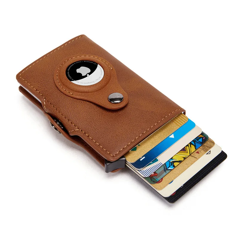 Wallet Card Holder Airtag Men's Wallet Metal Aluminum Box Case Rfid Anti-theft Swipe Credit Card Holder Genuine Leather Short Zipper Coin Purse