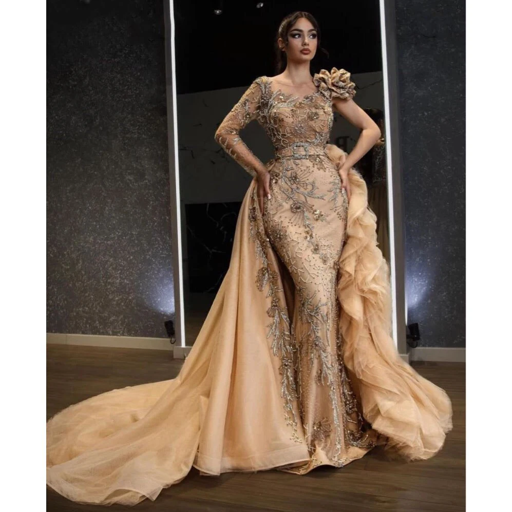 

Luxury Prom Dress Champagne Beads Dechable Train Beading Flowers Long Sleeve O-neck Mermaid Women Satin Robes Bal De Promo 2024