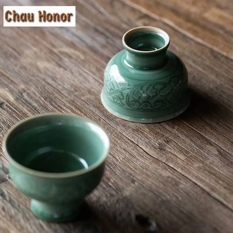 75ml Retro Yue Kiln Celadon High Foot Tea Cup Ceramic Hand Relief Cup Household Large Personal Master Cup Kung Fu Tea Drinkware