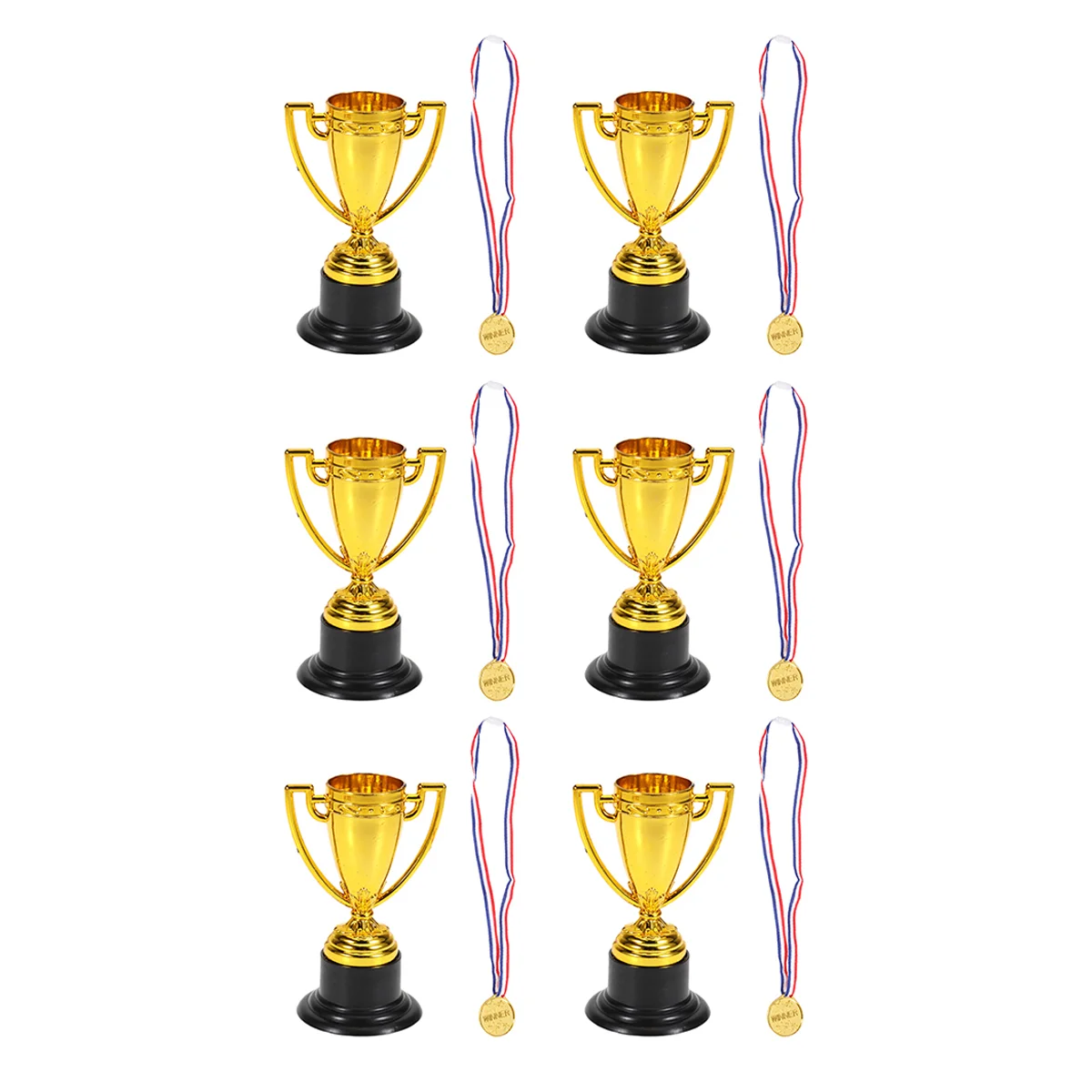 12Pcs Mini Plastic Gold Cups Reward Prizes Kids Small Medals Kids Gift Awards Trophy Golden (6xTrophies + 6xMedals)