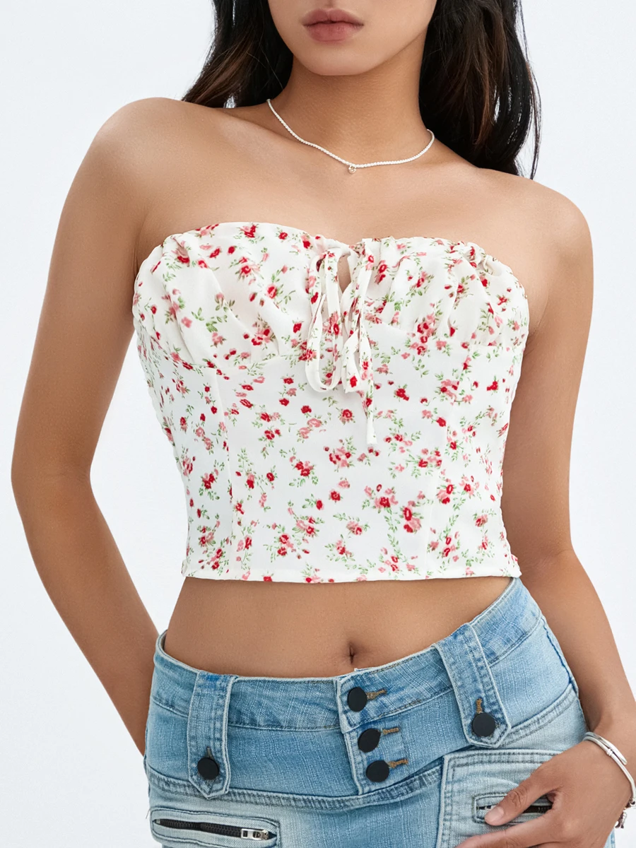 

Women Y2K Strapless Tube Top Floral Print Tie-Up Off The Shoulder Boat-Neck Wrap Chest Tank Tops Summer Slim Bandeau Tops Beach