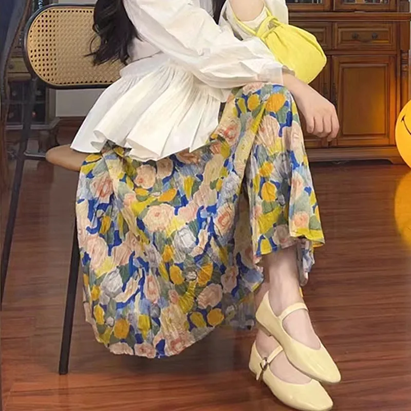 

Vintage Oil Painting Style Floral Skirt Spring Summer Korean Fashion High Waist A-Line Plicated Pleated Long Midi Skirts Women