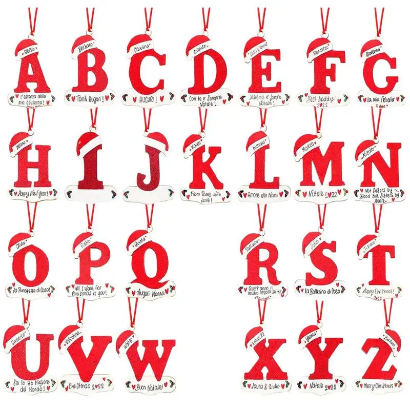 

Red Initial Christmas Ornaments Wooden Letter Stocking Tags With Red Hat Tree Decorations Wooden Gifts Red Stocking Tags For
