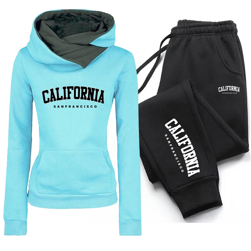 Women Clothing Set Tracksuit Print Double Neck Hooded Sweatshirts Sweatpants 2 Piece Set Autumn Winter Comfortable Warm Casual