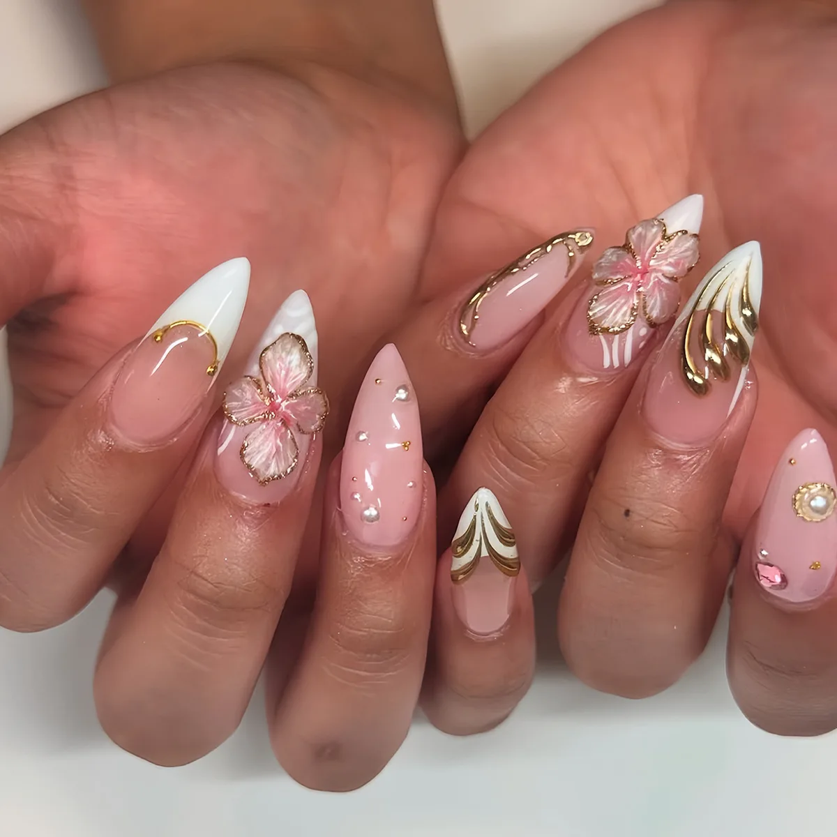 24PCS Pink Almond Press-On Nails with 3D Floral Design and Golden Pearl Accent