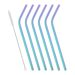 Set of 6 Reusable Rainbow Metal Drinking Straws with Cleaning Brush (Rainbow)