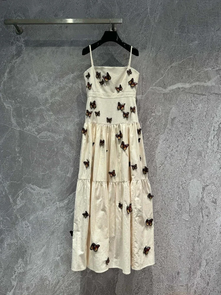 

Linen White Butterfly Embroidered Three Dimensional Suspender 2024 High Quality Sleeveless Sling Midi Dress New Collection