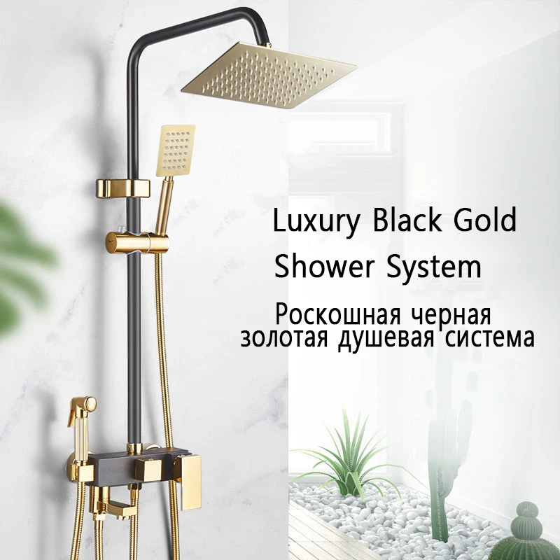 

Luxury Black Gold Rainfall Shower Faucet Set Brass Bathroom Shower System Bathtub Hot and Cold Mixer Taps Sets with Bidet Faucet