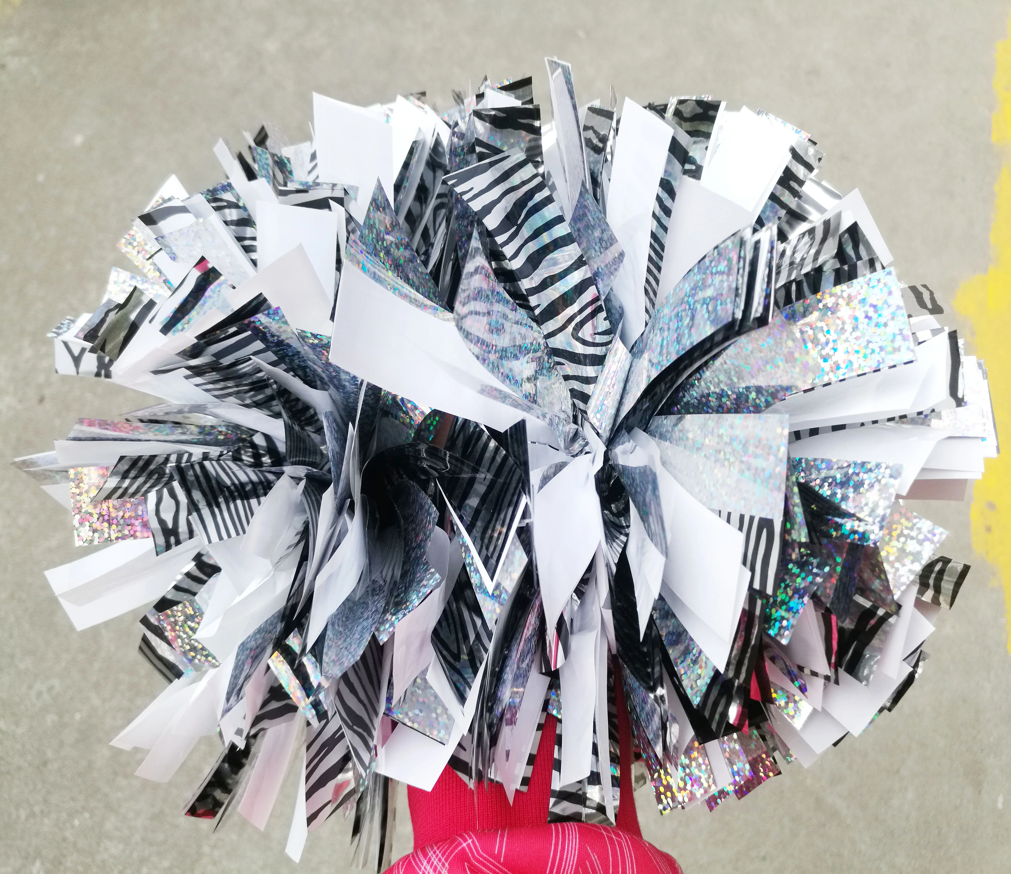 Professional Cheerleader pom pom,metallic red with silver and white,color and size.