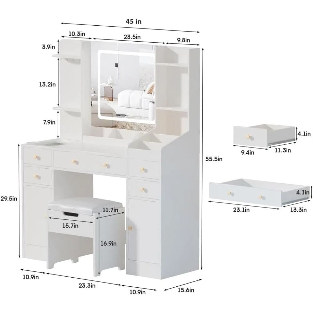 Vanity Desk Mirror and Lights, Makeup Table Charging Station, 45in Vanity Set Comfortable Bench, Big Vanity 5 drawers 6