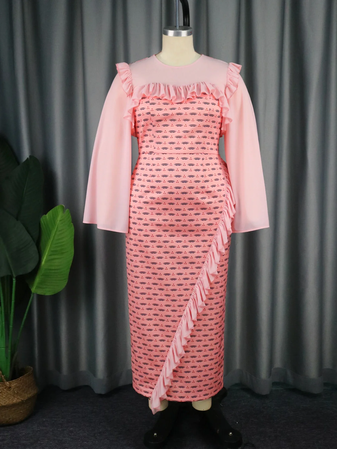 Pink Printed Dresses Plus Size Women O Neck Chiffon Long Sleeve Patchwork Flounced Edge Floral Bodycon Party Gowns 3XL 4XL