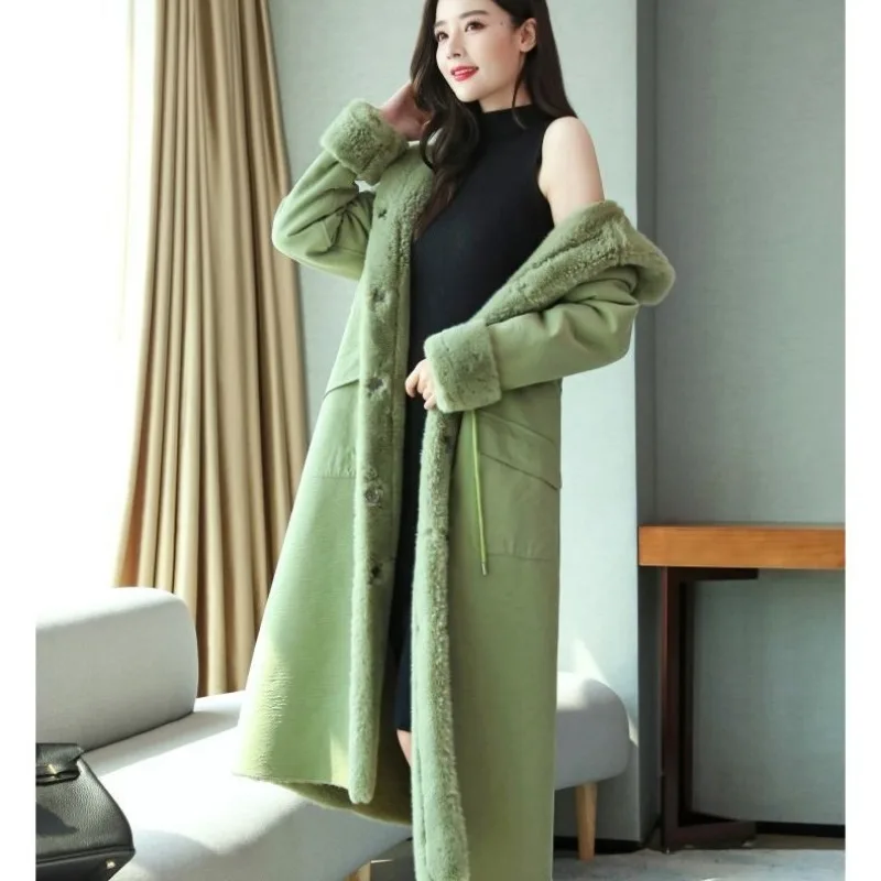 2023 Winter New Women Faux Fur Coat Thicken Thermal Slim Fit Vintage Outwear Female Long Below The Knee Fashion Hooded Parkas