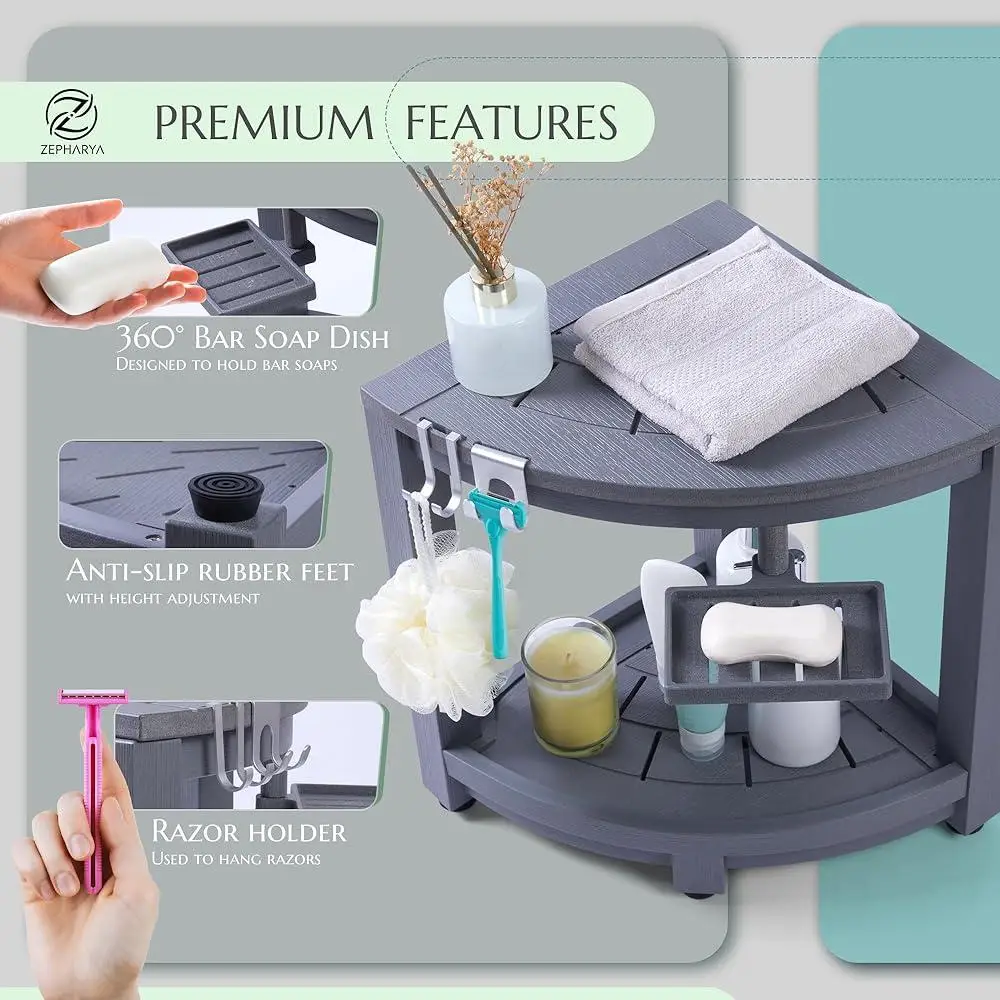Corner Shower Stool Waterproof HDPS Shower Bench with 360 Soap Dish Razor Holder Anti-slip Feet Lower Storage Shelf Shower 4