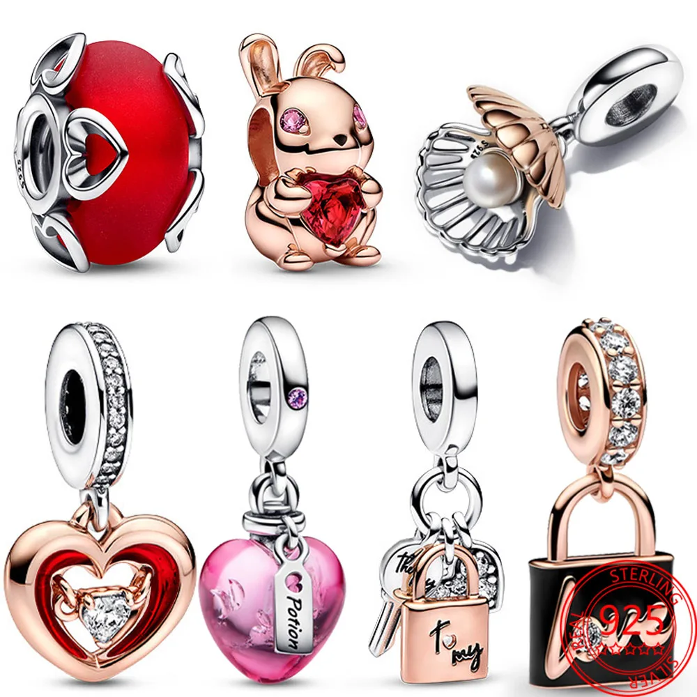 

Gorgeous 925 Sterling Silver Frosted Red Murano Glass & Hearts Charm Pearl & Padlock Fit Bracelet Valentine'