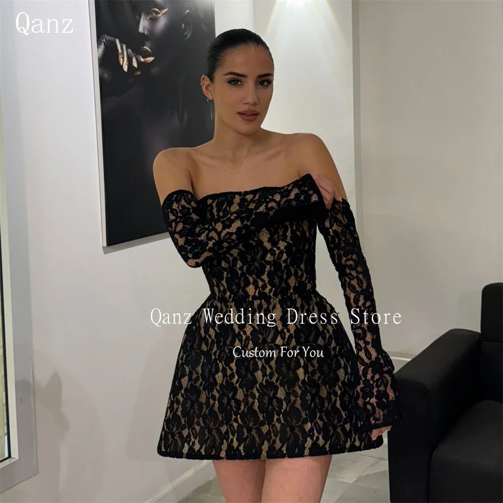 Qanz Long Sleeves Luxury Prom Dress A Line Short Black Flowers Lace Up Back  Strapless Short Evening Dresses Woman Customized - AliExpress 320