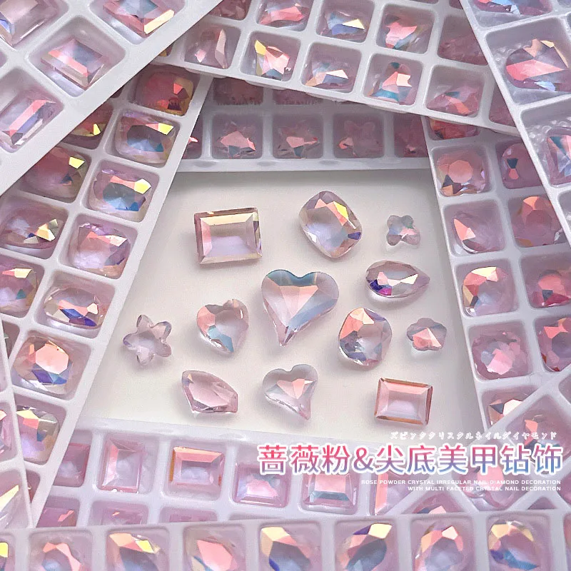 20/50Pcs Transparent Pink Aurora AB Crystal Pointed Bottom Glass Nail Art  Rhinestone Diamond DIY Manicure Ornament Accessories