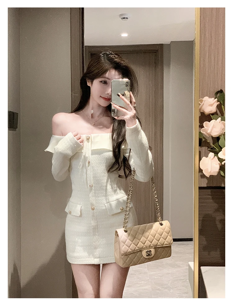 Elegant Tweed Slash Neck Short Dresses for Women Long Sleeve Slim Waist Birthday Party Dress Korean Fashion Vestidos Mujer