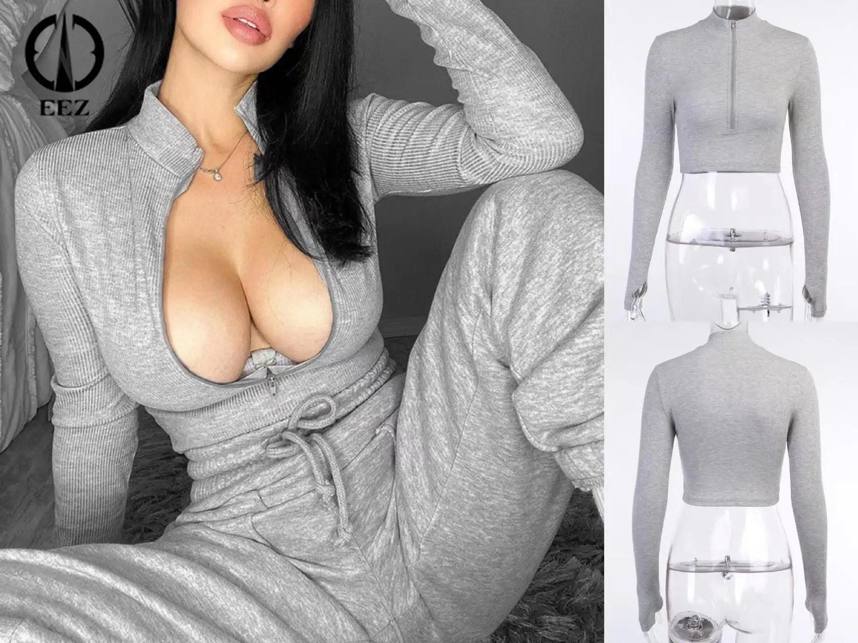 

Women's Sexy Casual Grey Crop Top Spring Summer Long Sleeve Half Open Neck Bare Navel Knitted Ribbed Solid Color Zipper T-Shirt