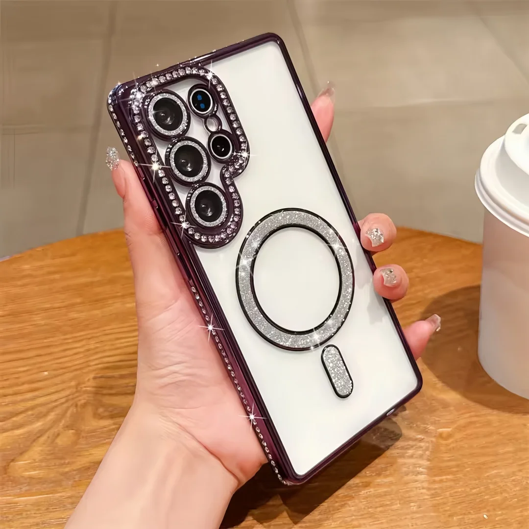 Luxury Glitter Rhinestone Magnetic Transparent Phone Case with Plating Finish