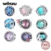 WOSTU 100% Real 925 Sterling Silver Pink Blue Colorful Crystal Radiant Round Charm Beaded Fit Original DIY Bracelet Jewelry Gift 1