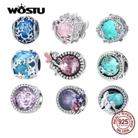 WOSTU 100% Real 925 Sterling Silver Pink Blue Colorful Crystal Radiant Round Charm Beaded Fit Original DIY Bracelet Jewelry Gift 1