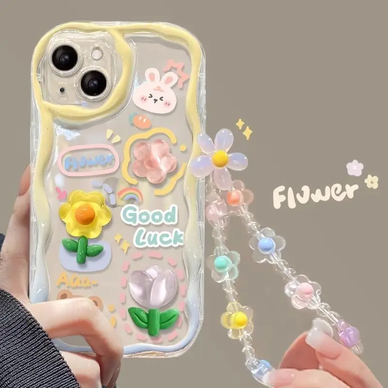 Cute Bear Pattern Flower Hang Chain Clear Soft Phone Case
